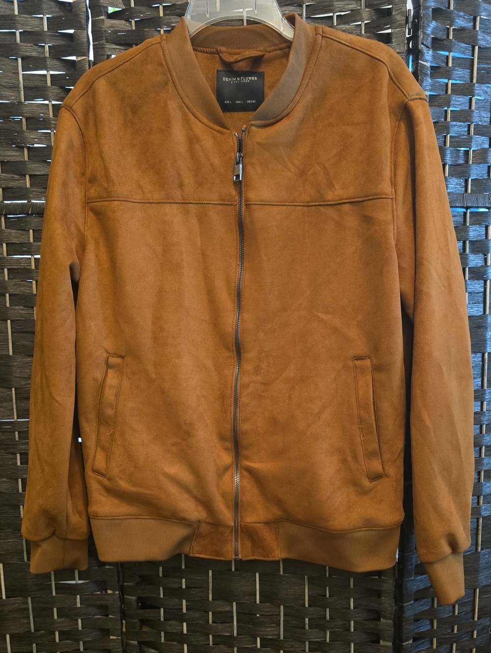 Denim & Flower Mens Faux Suede Bomber Jacket Camel Brown Large